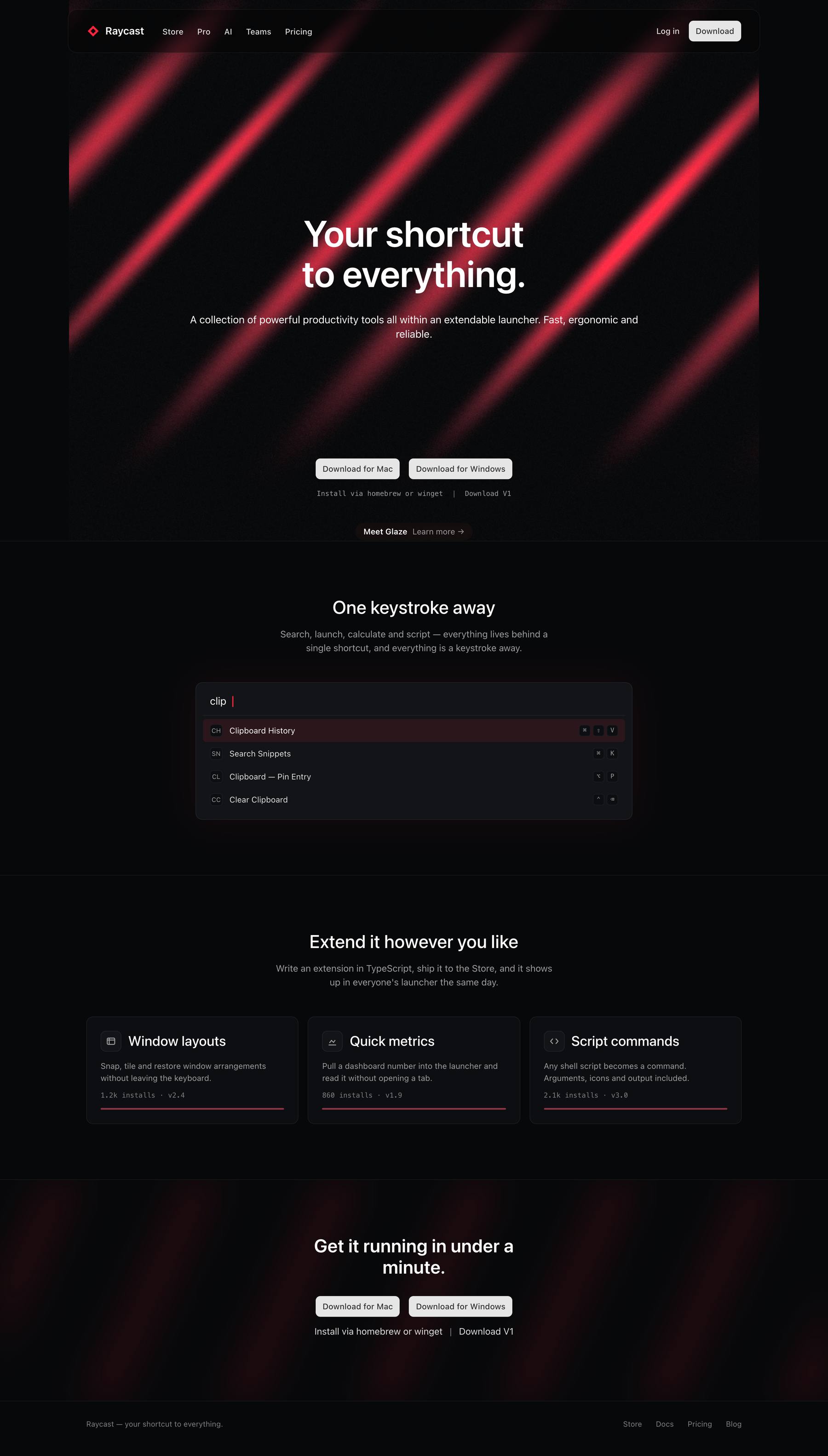 Raycast 首页 Your shortcut to everything 的整页缩略图（不裁）